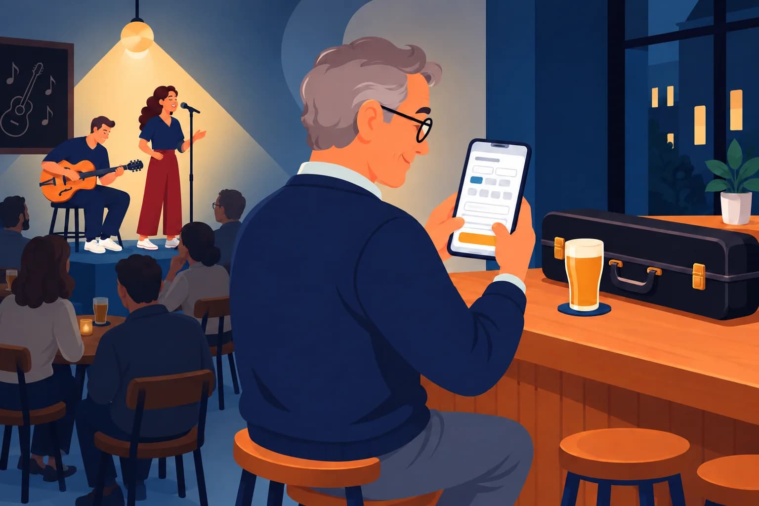 Een oudere muzikant met een bril zit aan de bar en geeft op zijn telefoon een jam door, terwijl achter hem een gitarist en een zangeres op het podium spelen.