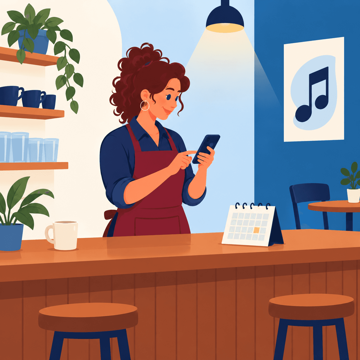 A café owner sets up her jam night on her phone, behind the bar.