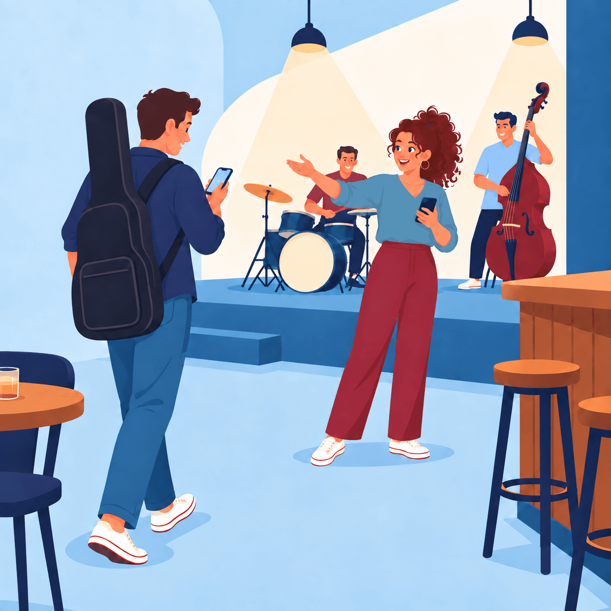 A host with her phone in her hand points a guitarist to the stage, where the drummer and the bass player are already waiting.